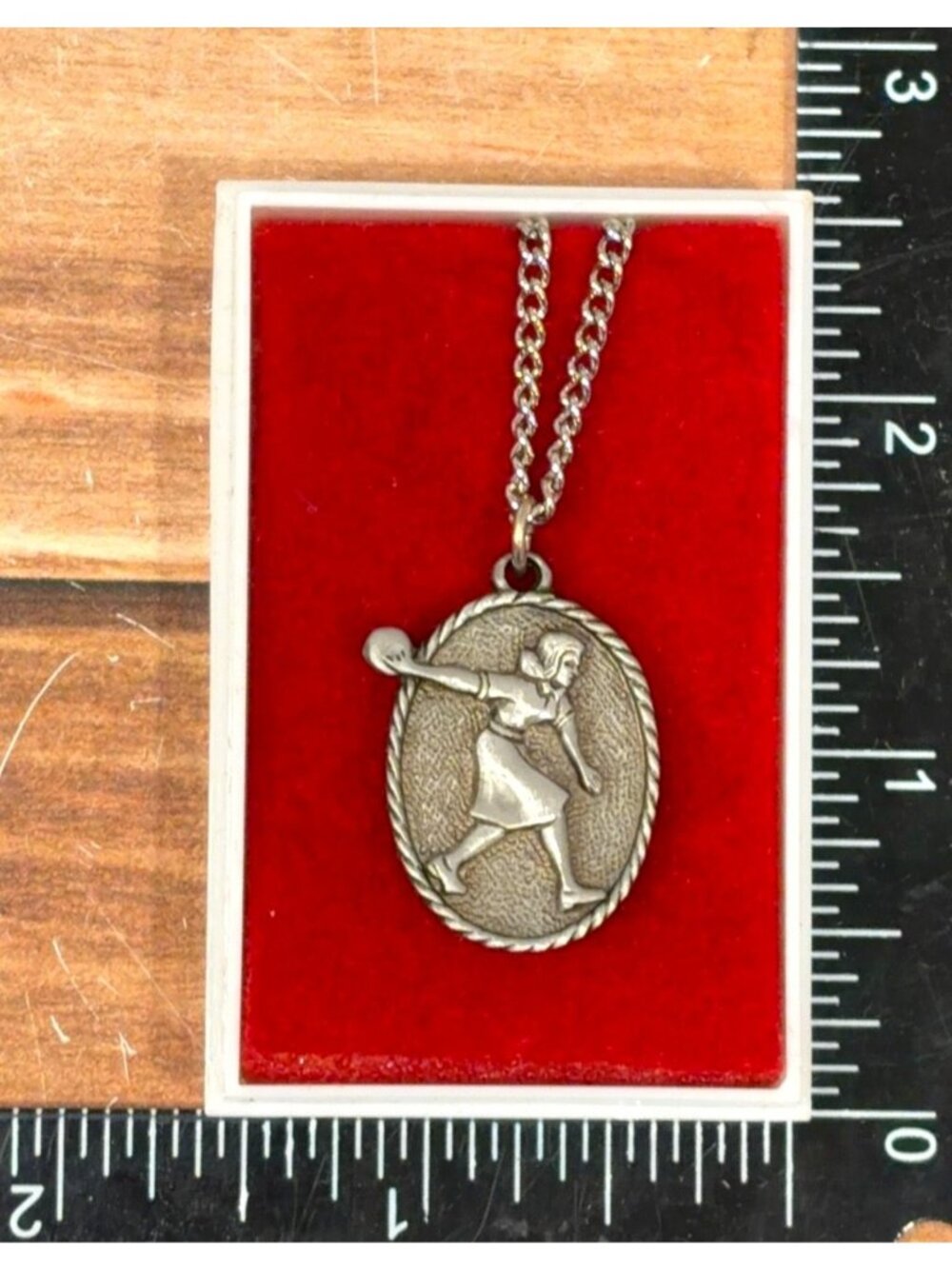 TS Vintage Pewter Female Bowler Bowling Pendant Necklace in Case 10.77g